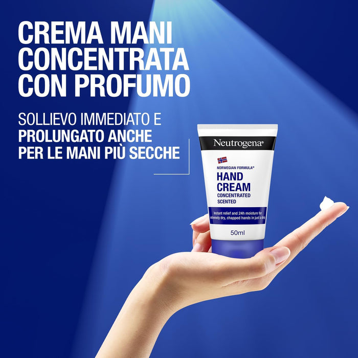 Crema de Manos Concentrada Neutrogena con Perfume (50 ml). La icónica crema reparadora con Fórmula Noruega, glicerina y vitamina E para el alivio inmediato de manos secas y agrietadas. Neutrogena - lateral