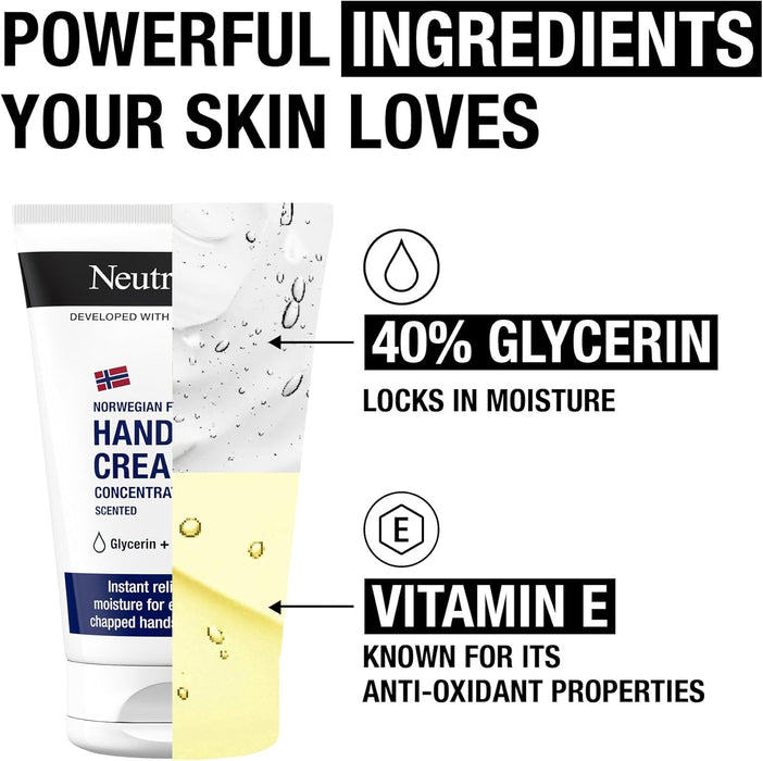Crema de Manos Concentrada Neutrogena con Perfume (50 ml). La icónica crema reparadora con Fórmula Noruega, glicerina y vitamina E para el alivio inmediato de manos secas y agrietadas. Neutrogena - ingredientes