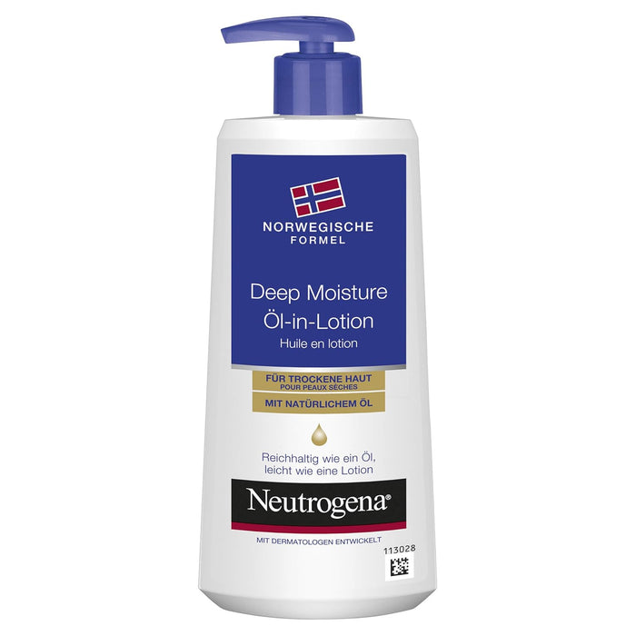 Neutrogena Fórmula Noruega Aceite en Loción Hidratación Profunda, 250ml. La nutrición intensiva de un aceite y la ligereza de una loción para una piel aterciopelada y luminosa al instante. Neutrogena - detalle