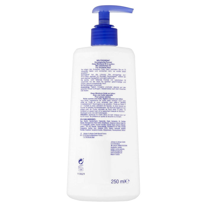 Neutrogena Fórmula Noruega Aceite en Loción Hidratación Profunda, 250ml. La nutrición intensiva de un aceite y la ligereza de una loción para una piel aterciopelada y luminosa al instante. Neutrogena - ingredientes