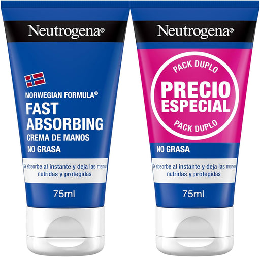 Pack Ahorro de 2 Cremas de Manos de Rápida Absorción Neutrogena (2x75ml). La crema reparadora no grasa ideal para el uso diario, ahora en un práctico pack doble. Neutrogena - frontal