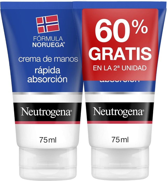 Pack Ahorro de 2 Cremas de Manos de Rápida Absorción Neutrogena (2x75ml). La crema reparadora no grasa ideal para el uso diario, ahora en un práctico pack doble. Neutrogena - presentacion