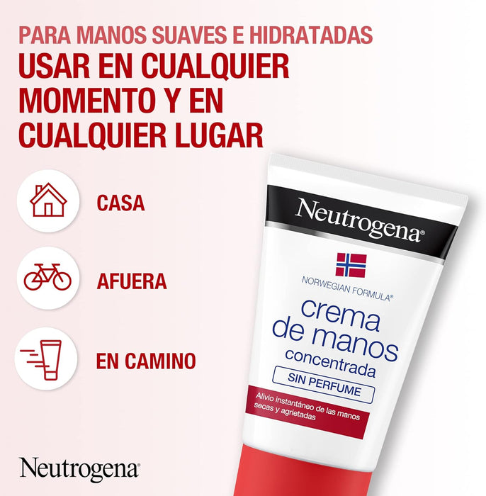Pack de 2 Cremas de Manos Concentrada Sin Perfume de Neutrogena (2x50ml). El tratamiento reparador ideal para pieles sensibles, que alivia las manos secas y agrietadas. Neutrogena - lateral