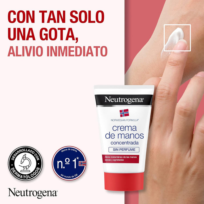 Pack de 2 Cremas de Manos Concentrada Sin Perfume de Neutrogena (2x50ml). El tratamiento reparador ideal para pieles sensibles, que alivia las manos secas y agrietadas. Neutrogena - pack