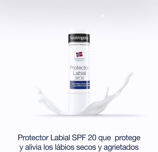 Pack de 2 Protectores Labiales Neutrogena Fórmula Noruega con SPF 20. Un bálsamo reparador incoloro para hidratar los labios secos y protegerlos del sol. Neutrogena - pack