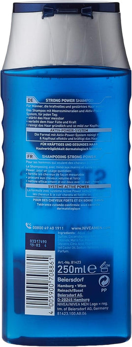 Champú NIVEA MEN Strong Power (250 ml). Un champú fortalecedor con minerales marinos y Active Power System para un cabello visiblemente más fuerte y con más volumen. Nivea - detalle