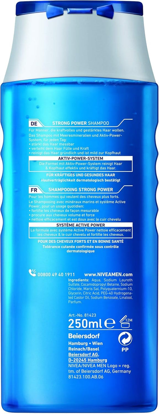 Champú NIVEA MEN Strong Power (250 ml). Un champú fortalecedor con minerales marinos y Active Power System para un cabello visiblemente más fuerte y con más volumen. Nivea - pack