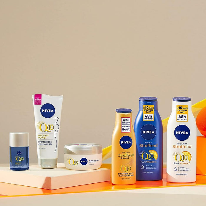 NIVEA Q10 Loción Corporal Reafirmante y Autobronceadora, 400ml. Consigue una piel visiblemente más firme en 10 días y un bronceado natural y gradual con esta loción 2 en 1. Nivea - lateral