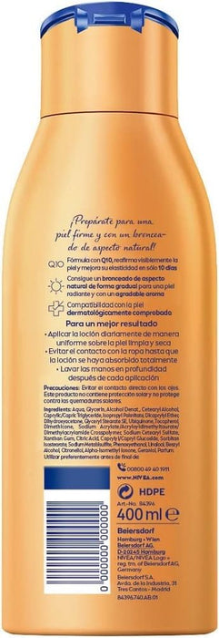 NIVEA Q10 Loción Corporal Reafirmante y Autobronceadora, 400ml. Consigue una piel visiblemente más firme en 10 días y un bronceado natural y gradual con esta loción 2 en 1. Nivea - pack