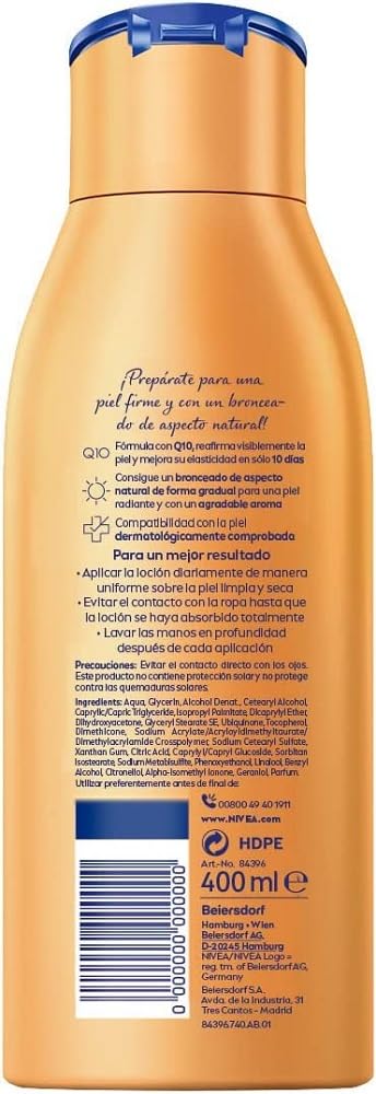 NIVEA Q10 Loción Corporal Reafirmante y Autobronceadora, 400ml. Consigue una piel visiblemente más firme en 10 días y un bronceado natural y gradual con esta loción 2 en 1. Nivea - pack