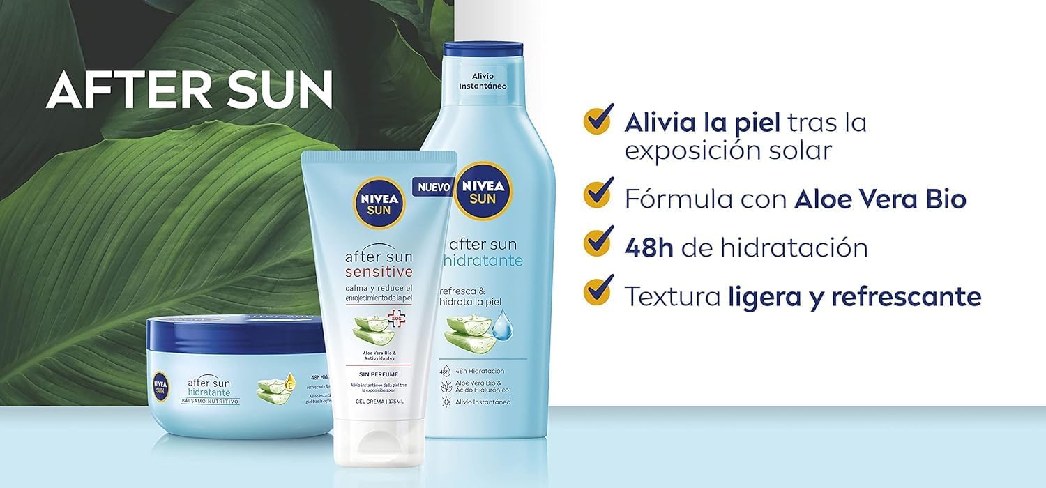 NIVEA SUN After Sun Sensitive Gel-Crema (175ml): Alivio inmediato para pieles sensibles y con alergia al sol, con Aloe Vera Bio que calma e hidrata durante 48h. Nivea - detalle