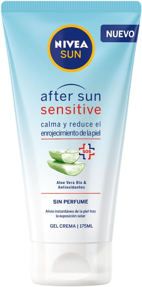 NIVEA SUN After Sun Sensitive Gel-Crema (175ml): Alivio inmediato para pieles sensibles y con alergia al sol, con Aloe Vera Bio que calma e hidrata durante 48h. Nivea - frontal