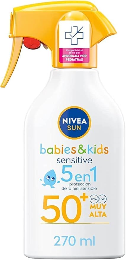 NIVEA SUN Babies & Kids Sensitive Spray Solar FP50+ (270ml): Muy alta protección para la piel delicada de bebés (desde 6 meses) y niños, aprobada por pediatras. Nivea - frontal