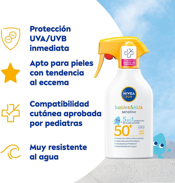 NIVEA SUN Babies & Kids Sensitive Spray Solar FP50+ (270ml): Muy alta protección para la piel delicada de bebés (desde 6 meses) y niños, aprobada por pediatras. Nivea - ingredientes