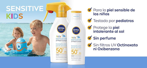 NIVEA SUN Kids Sensitive Protege & Juega Spray Solar FP50+ (300ml): Muy alta protección para la piel sensible de los niños, extra resistente al agua y en formato pistola. Nivea - pack