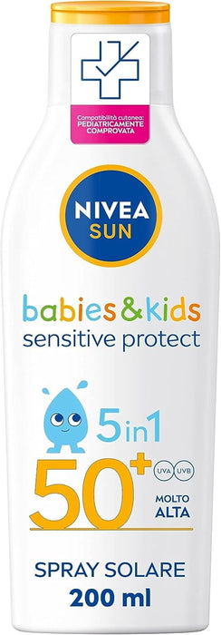 NIVEA SUN Leche Solar Niños Sensitive Protect & Play FP 50+, 200 ml. Crema para pieles sensibles y bebés +6 meses, con manzanilla orgánica y extra resistente al agua. Nivea - lateral
