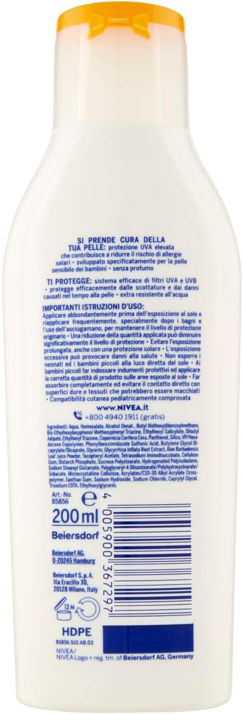 NIVEA SUN Leche Solar Niños Sensitive Protect & Play FP 50+, 200 ml. Crema para pieles sensibles y bebés +6 meses, con manzanilla orgánica y extra resistente al agua. Nivea - pack