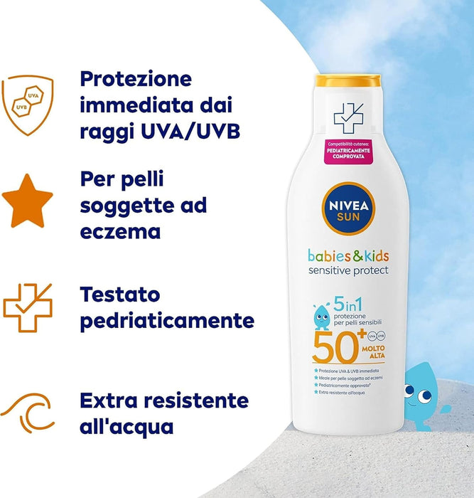 NIVEA SUN Leche Solar Niños Sensitive Protect & Play FP 50+, 200 ml. Crema para pieles sensibles y bebés +6 meses, con manzanilla orgánica y extra resistente al agua. Nivea - presentacion
