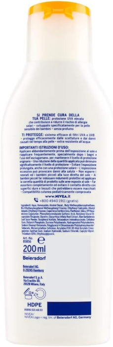 NIVEA SUN Leche Solar Niños Sensitive Protect & Play FP 50+, 200 ml. Crema para pieles sensibles y bebés +6 meses, con manzanilla orgánica y extra resistente al agua. Nivea - zoom