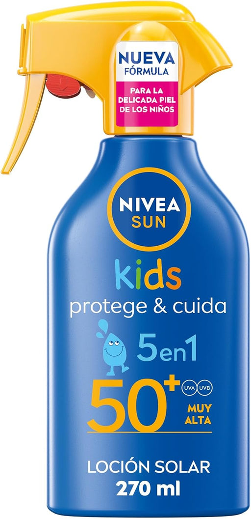 NIVEA SUN Protege & Cuida Kids Spray Solar FP50+ (270ml): Protección muy alta que cuida e hidrata la piel sensible de los niños con Pantenol y Vitamina E. Nivea - frontal