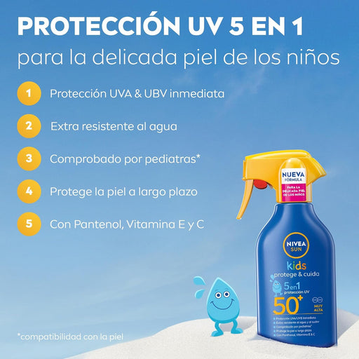 NIVEA SUN Protege & Cuida Kids Spray Solar FP50+ (270ml): Protección muy alta que cuida e hidrata la piel sensible de los niños con Pantenol y Vitamina E. Nivea - pack