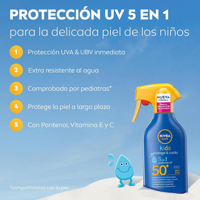 NIVEA SUN Protege & Cuida Kids Spray Solar FP50+ (270ml): Protección muy alta que cuida e hidrata la piel sensible de los niños con Pantenol y Vitamina E. Nivea - pack