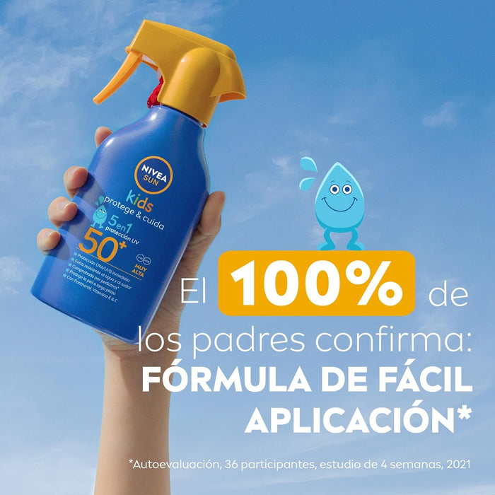 NIVEA SUN Protege & Cuida Kids Spray Solar FP50+ (270ml): Protección muy alta que cuida e hidrata la piel sensible de los niños con Pantenol y Vitamina E. Nivea - presentacion