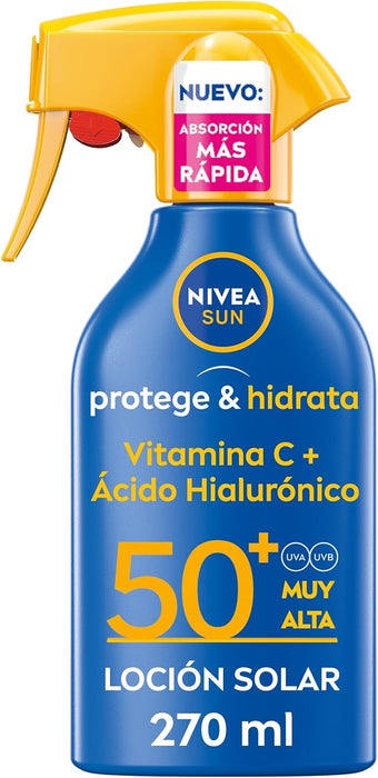 NIVEA SUN Protege & Hidrata Spray Solar FP50+ (270ml): Protección UVA/UVB muy alta para todo tipo de piel, con 48h de hidratación y fórmula sostenible. Nivea - frontal