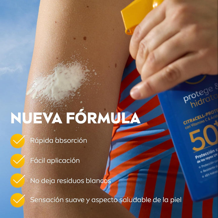 NIVEA SUN Protege & Hidrata Spray Solar FP50+ (270ml): Protección UVA/UVB muy alta para todo tipo de piel, con 48h de hidratación y fórmula sostenible. Nivea - ingredientes