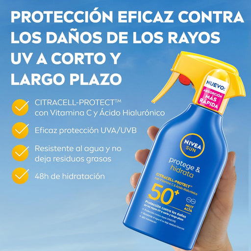 NIVEA SUN Protege & Hidrata Spray Solar FP50+ (270ml): Protección UVA/UVB muy alta para todo tipo de piel, con 48h de hidratación y fórmula sostenible. Nivea - pack