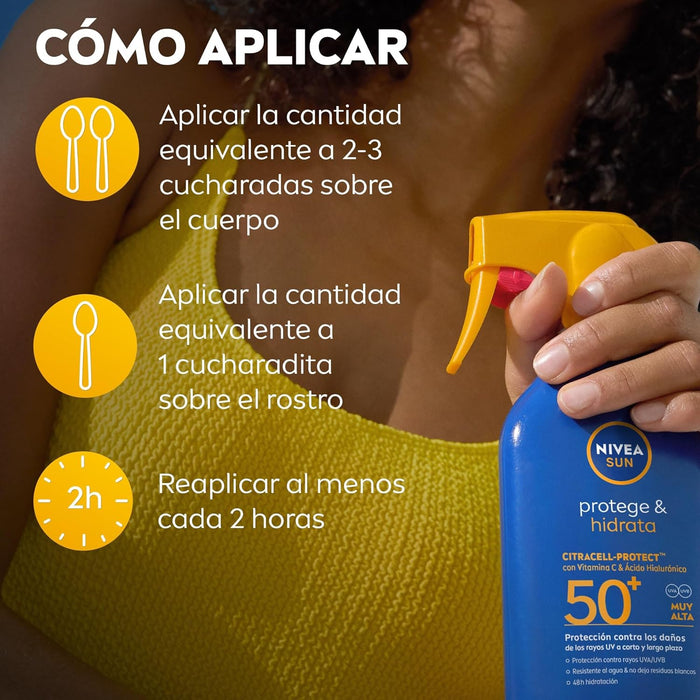 NIVEA SUN Protege & Hidrata Spray Solar FP50+ (270ml): Protección UVA/UVB muy alta para todo tipo de piel, con 48h de hidratación y fórmula sostenible. Nivea - uso