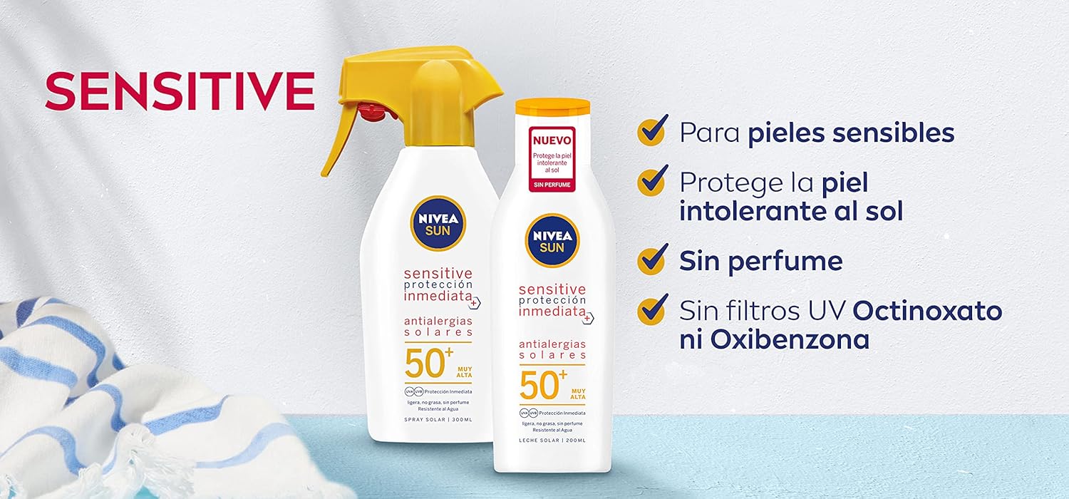 NIVEA SUN Sensitive Antialergias Solares Spray FP50+ (300ml): Muy alta protección para piel sensible, con fórmula calmante y resistente al agua en formato pistola. Nivea - detalle