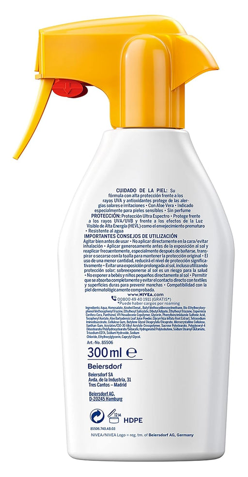 NIVEA SUN Sensitive Antialergias Solares Spray FP50+ (300ml): Muy alta protección para piel sensible, con fórmula calmante y resistente al agua en formato pistola. Nivea - pack