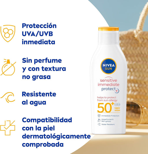 NIVEA SUN Sensitive Leche Solar Antialergias FP50+ (200ml): Muy alta protección UVA/UVB para pieles sensibles, con aloe vera que previene irritaciones y rojeces. Nivea - pack