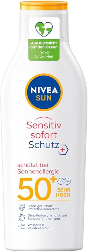 NIVEA SUN Sensitive Loción Solar Antialergias FP50+ (200ml): Protección muy alta para pieles sensibles en una fórmula calmante con aloe vera, sin perfume. Nivea - frontal