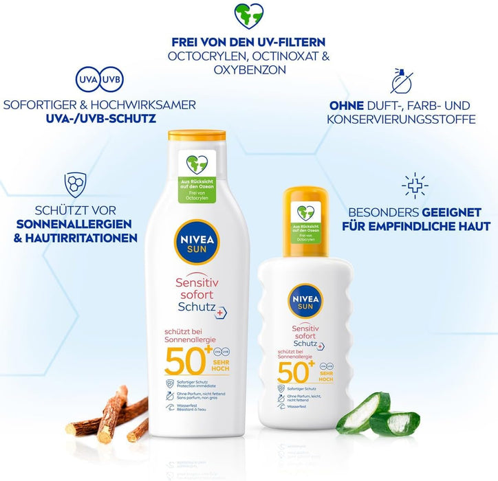 NIVEA SUN Sensitive Loción Solar Antialergias FP50+ (200ml): Protección muy alta para pieles sensibles en una fórmula calmante con aloe vera, sin perfume. Nivea - uso