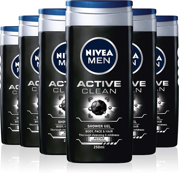 Pack Ahorro de 6 Geles de Ducha NIVEA MEN Active Clean (6x250ml). Un gel 3 en 1 para cuerpo, cara y cabello con carbón activo que limpia la piel en profundidad. Nivea - frontal