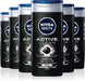 Pack Ahorro de 6 Geles de Ducha NIVEA MEN Active Clean (6x250ml). Un gel 3 en 1 para cuerpo, cara y cabello con carbón activo que limpia la piel en profundidad. Nivea - frontal