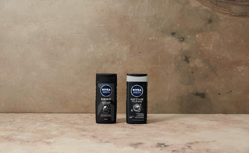 Pack Ahorro de 6 Geles de Ducha NIVEA MEN Active Clean (6x250ml). Un gel 3 en 1 para cuerpo, cara y cabello con carbón activo que limpia la piel en profundidad. Nivea - pack