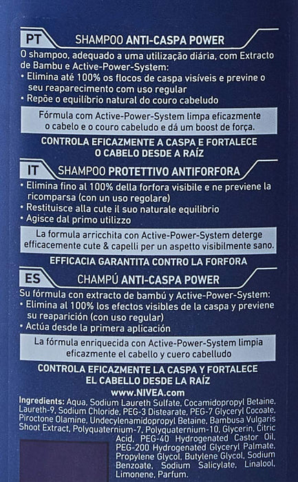 Pack de 6 Champús NIVEA MEN Anti-Caspa Power (6x250ml). Un champú fortalecedor con extracto de bambú que elimina el 100% de la caspa visible y previene su reaparición. Nivea - ingredientes