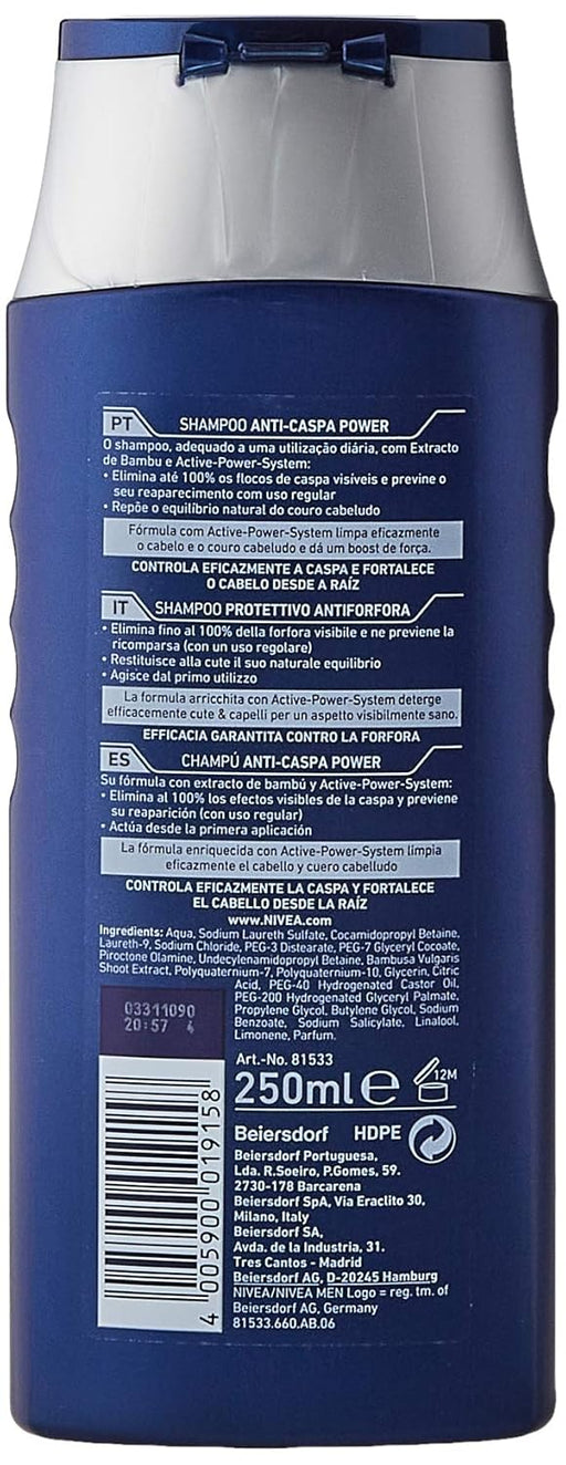 Pack de 6 Champús NIVEA MEN Anti-Caspa Power (6x250ml). Un champú fortalecedor con extracto de bambú que elimina el 100% de la caspa visible y previene su reaparición. Nivea - pack