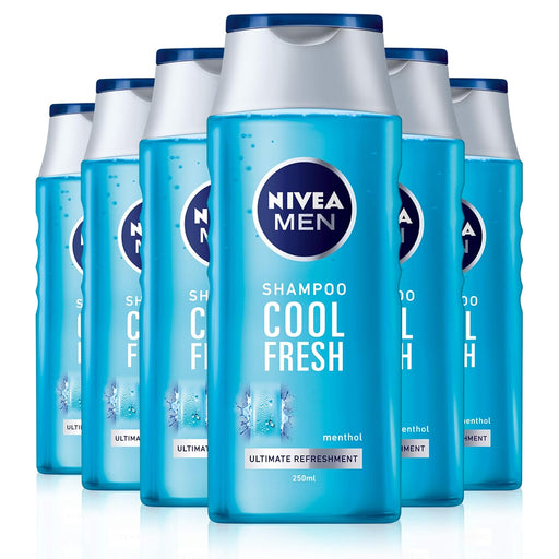 Pack de 6 Champús NIVEA MEN Cool Fresh (6x250ml). Un champú de uso diario con mentol para una limpieza eficaz y una sensación de frescor duradero en cabello y cuero cabelludo. Nivea - frontal