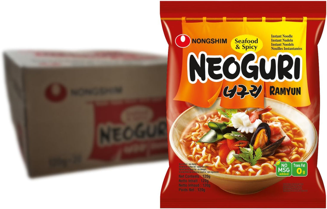 Nongshim Neoguri Fideos Instantáneos, Caja de 20 paquetes de Sopa Picante de Marisco. Ramen coreano con fideos gruesos y un intenso sabor a mar. 20x120g. Nongshim - frontal