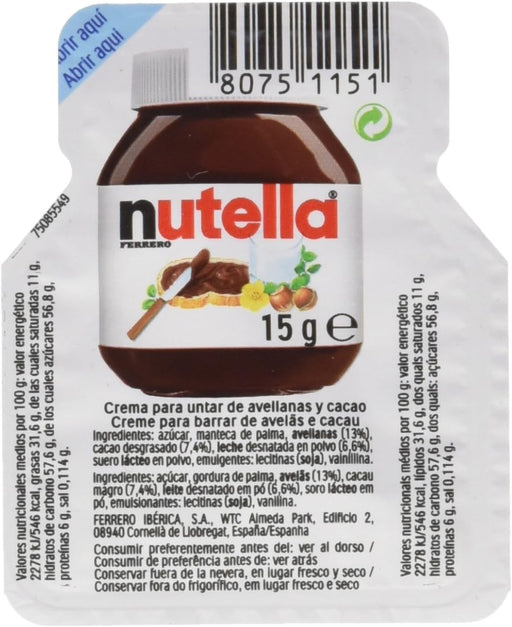 Caja de 60 Porciones de Nutella (60x15g). Un pack ahorro con 900g de la auténtica crema de avellanas y cacao en monodosis, ideal para familias y pequeños negocios. Nutella - frontal
