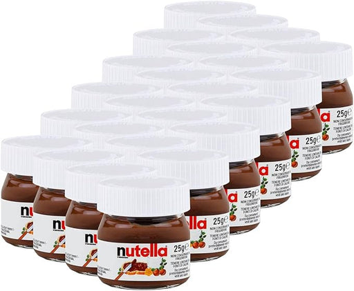 Nutella Mini Tarros de Cristal, Pack de 24x25g. El formato ahorro para tener siempre a mano la porción individual de tu crema de avellanas y cacao favorita. Ideal para familias y hostelería. Nutella - frontal