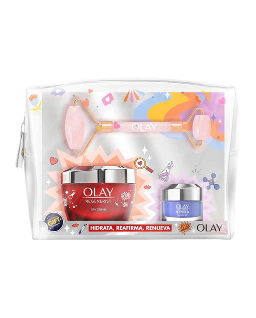 Olay Regenerist Set de Regalo Antiedad con Crema de Día 50ml, Crema de Noche Retinol 15ml, Face Roller y Neceser. Un tratamiento facial completo para mujer. Olay - frontal