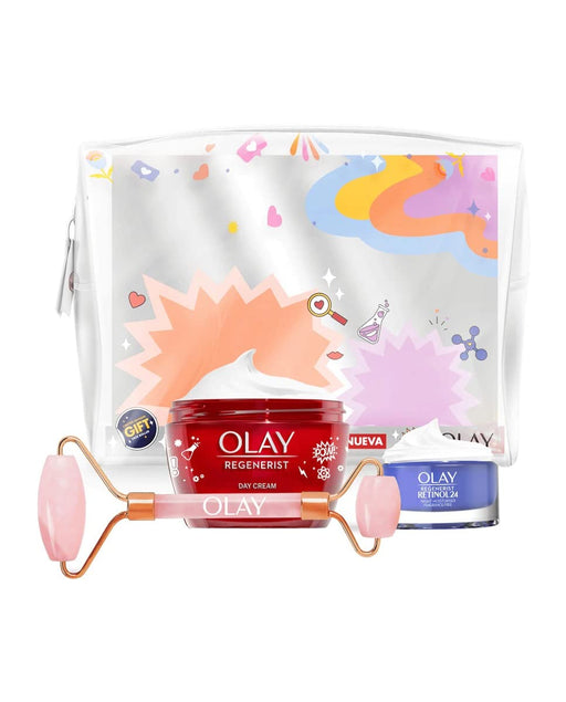 Olay Regenerist Set de Regalo Antiedad con Crema de Día 50ml, Crema de Noche Retinol 15ml, Face Roller y Neceser. Un tratamiento facial completo para mujer. Olay - pack