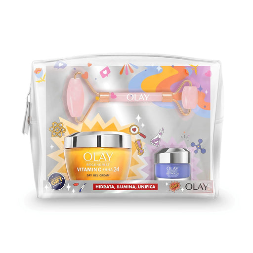 Olay Set de Regalo Iluminador con Gel-Crema Vitamina C + AHA24, Crema de Noche Retinol24, Neceser y Face Roller. Un tratamiento facial completo para una piel radiante. Olay - frontal