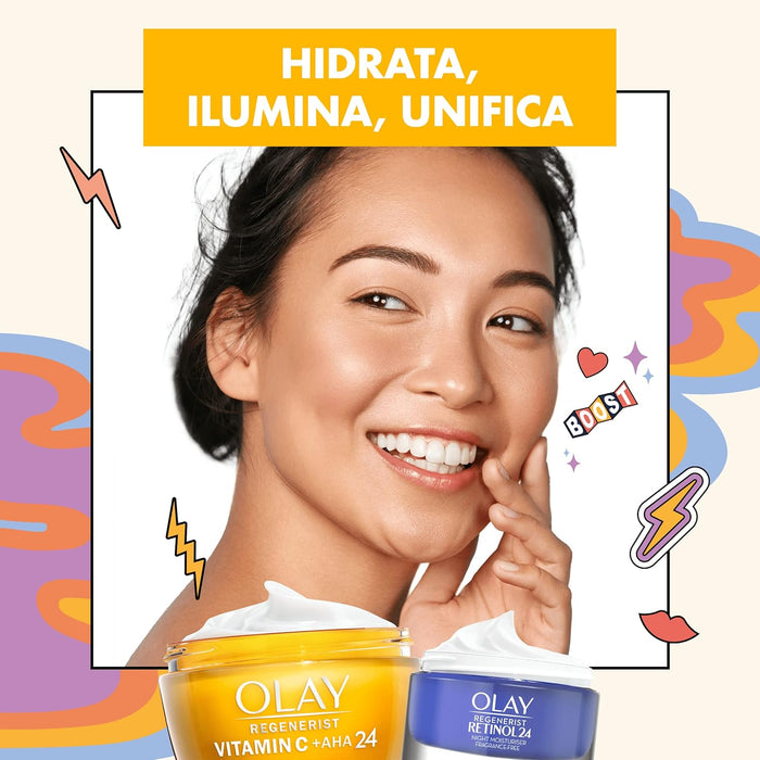 Olay Set de Regalo Iluminador con Gel-Crema Vitamina C + AHA24, Crema de Noche Retinol24, Neceser y Face Roller. Un tratamiento facial completo para una piel radiante. Olay - ingredientes