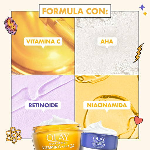 Olay Set de Regalo Iluminador con Gel-Crema Vitamina C + AHA24, Crema de Noche Retinol24, Neceser y Face Roller. Un tratamiento facial completo para una piel radiante. Olay - pack